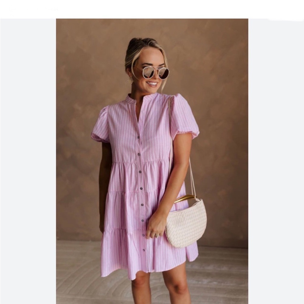 She + Sky Pink & White Stripe Puff Sleeve Mini Sundress Size Small V Neckline - Picture 5 of 12
